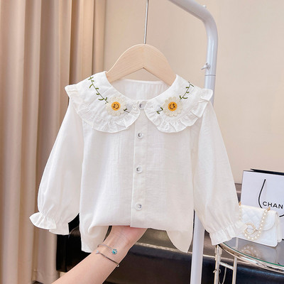 Ризи за момичета Памук Пролет Есен 2023 г. Нова бяла блуза с яка за кукли Детски дрехи за деца Блуза с дълъг ръкав за момичета Риза