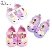 2019 Чисто нови бебешки момичета Обувки с еднорог с цветя Обувки от PU кожа Мека подметка Обувки за детско креватче Пролет Есен Първи проходилки 0-18M