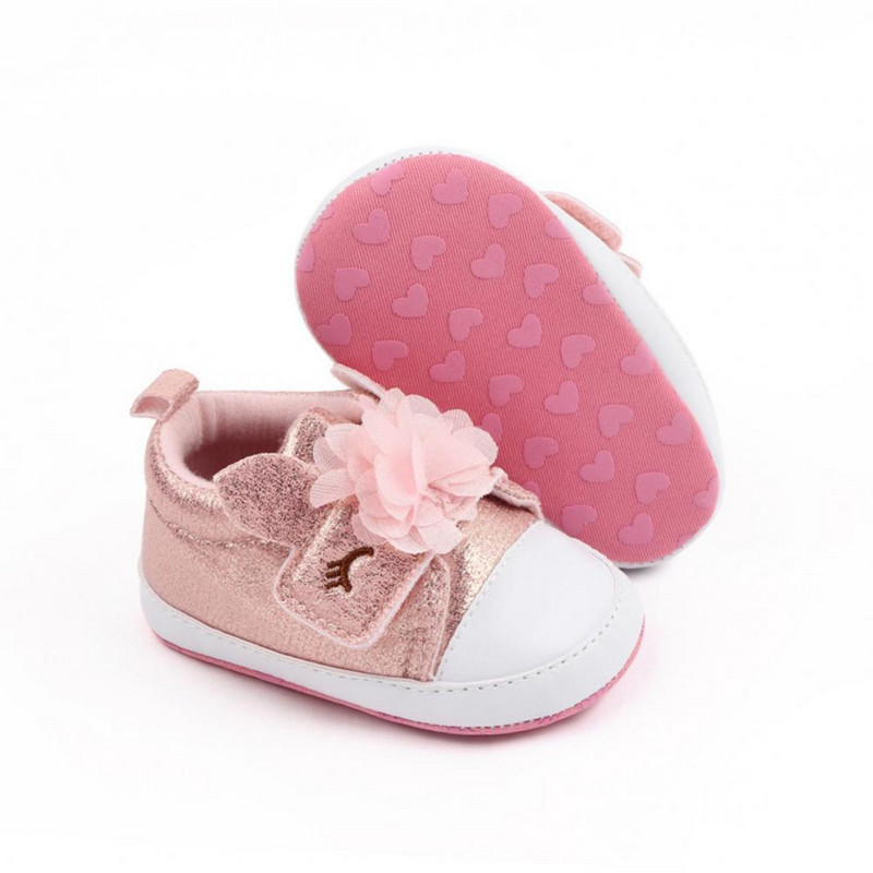 1 чифт бебешки обувки за прохождане за 0-1 години, модни маратонки от изкуствена кожа, мрежеста прежда, цветен декор, ежедневни обувки за малки деца