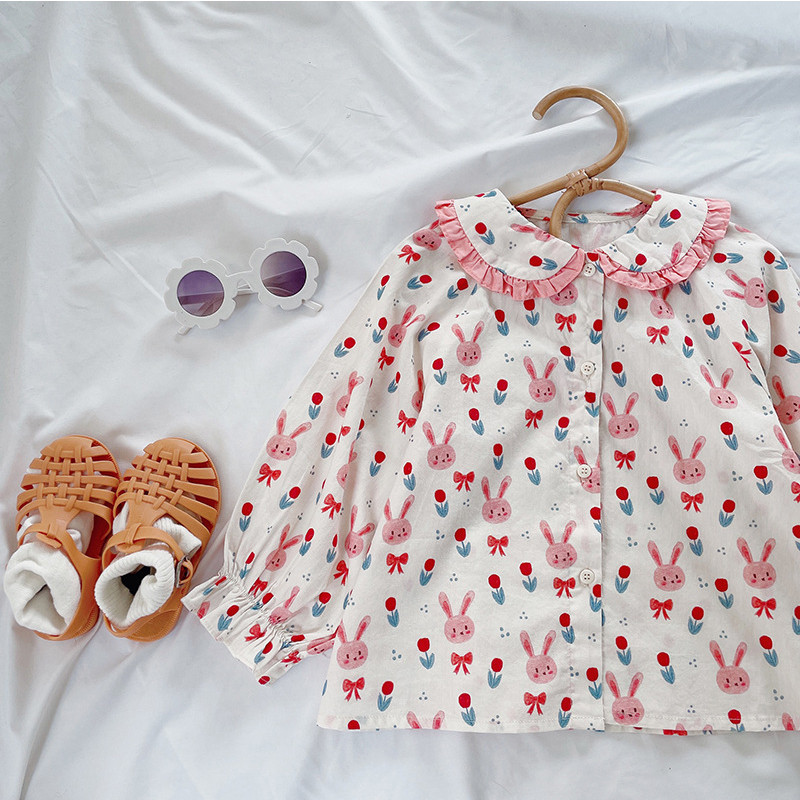 Корейско детско облекло Пролетна есенна риза за памук Училищни щампи Сладки горнища Блуза с дълъг ръкав Момиче от 3 до 8 години