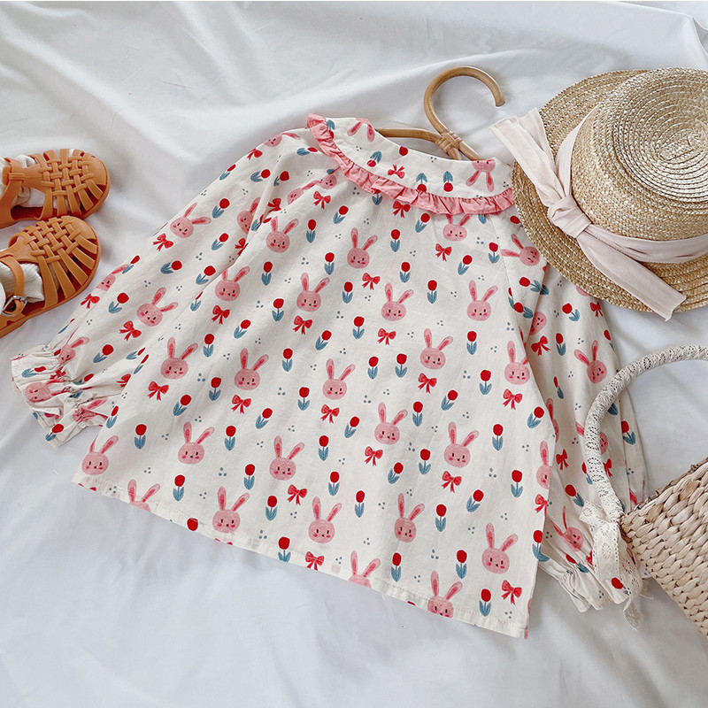 Корейско детско облекло Пролетна есенна риза за памук Училищни щампи Сладки горнища Блуза с дълъг ръкав Момиче от 3 до 8 години