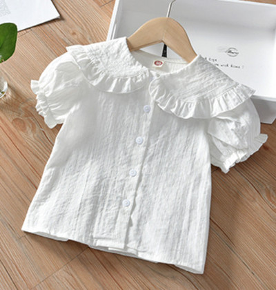Летни малки деца, момичета, розова бяла риза с волани, къс ръкав, блуза за момиче, ризи, детски памучни тениски