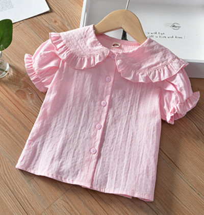 Летни малки деца, момичета, розова бяла риза с волани, къс ръкав, блуза за момиче, ризи, детски памучни тениски