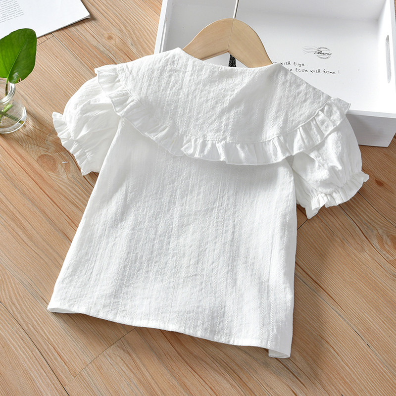 Летни малки деца, момичета, розова бяла риза с волани, къс ръкав, блуза за момиче, ризи, детски памучни тениски