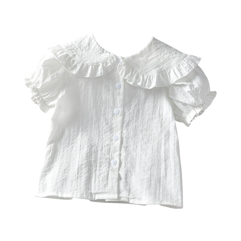 Летни малки деца, момичета, розова бяла риза с волани, къс ръкав, блуза за момиче, ризи, детски памучни тениски