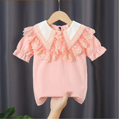 Ученическа бяла блуза за момичета, памук с къс ръкав, дантелени горнища, детска риза, детски дрехи, лятна бебешка тениска за малко дете 3-10 години