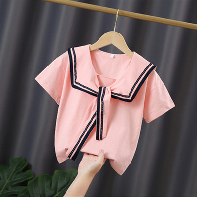 Ученическа бяла блуза за момичета, памук с къс ръкав, дантелени горнища, детска риза, детски дрехи, лятна бебешка тениска за малко дете 3-10 години