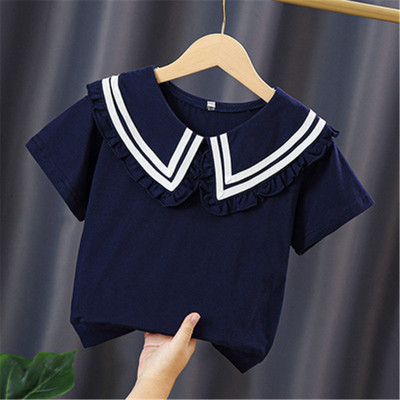 Ученическа бяла блуза за момичета, памук с къс ръкав, дантелени горнища, детска риза, детски дрехи, лятна бебешка тениска за малко дете 3-10 години