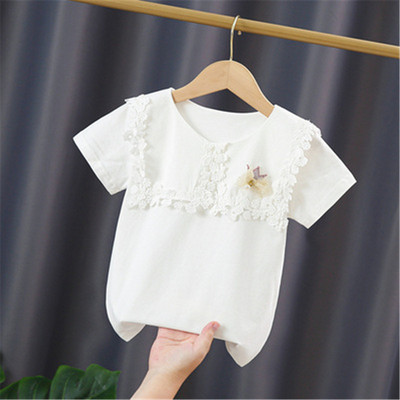 Ученическа бяла блуза за момичета, памук с къс ръкав, дантелени горнища, детска риза, детски дрехи, лятна бебешка тениска за малко дете 3-10 години