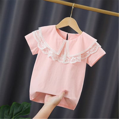 Ученическа бяла блуза за момичета, памук с къс ръкав, дантелени горнища, детска риза, детски дрехи, лятна бебешка тениска за малко дете 3-10 години