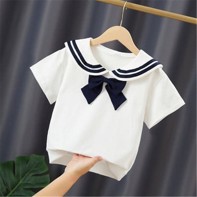 Ученическа бяла блуза за момичета, памук с къс ръкав, дантелени горнища, детска риза, детски дрехи, лятна бебешка тениска за малко дете 3-10 години