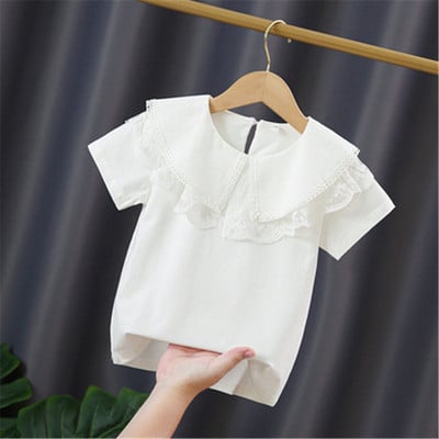 Ученическа бяла блуза за момичета, памук с къс ръкав, дантелени горнища, детска риза, детски дрехи, лятна бебешка тениска за малко дете 3-10 години