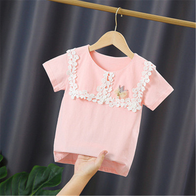 Ученическа бяла блуза за момичета, памук с къс ръкав, дантелени горнища, детска риза, детски дрехи, лятна бебешка тениска за малко дете 3-10 години