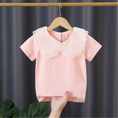 Ученическа бяла блуза за момичета, памук с къс ръкав, дантелени горнища, детска риза, детски дрехи, лятна бебешка тениска за малко дете 3-10 години