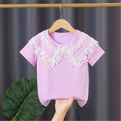 Ученическа бяла блуза за момичета, памук с къс ръкав, дантелени горнища, детска риза, детски дрехи, лятна бебешка тениска за малко дете 3-10 години