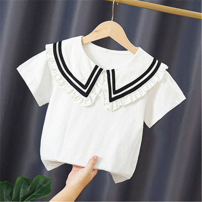 Ученическа бяла блуза за момичета, памук с къс ръкав, дантелени горнища, детска риза, детски дрехи, лятна бебешка тениска за малко дете 3-10 години