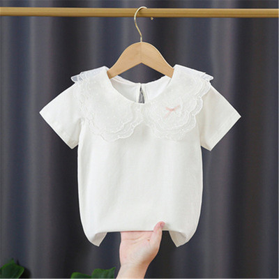 Ученическа бяла блуза за момичета, памук с къс ръкав, дантелени горнища, детска риза, детски дрехи, лятна бебешка тениска за малко дете 3-10 години