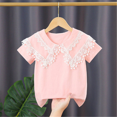 Ученическа бяла блуза за момичета, памук с къс ръкав, дантелени горнища, детска риза, детски дрехи, лятна бебешка тениска за малко дете 3-10 години