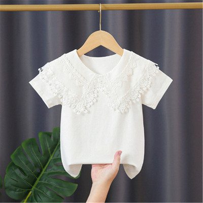 Ученическа бяла блуза за момичета, памук с къс ръкав, дантелени горнища, детска риза, детски дрехи, лятна бебешка тениска за малко дете 3-10 години