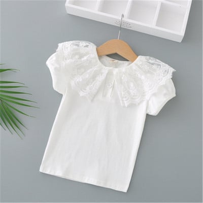 Ученическа бяла блуза за момичета, памук с къс ръкав, дантелени горнища, детска риза, детски дрехи, лятна бебешка тениска за малко дете 3-10 години