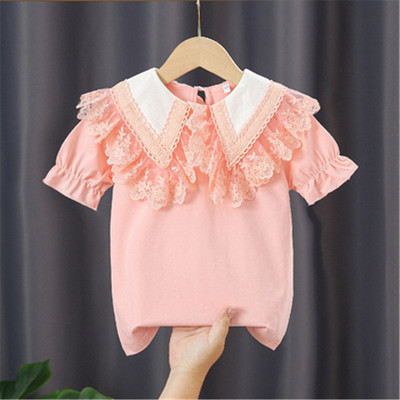 Ученическа бяла блуза за момичета, памук с къс ръкав, дантелени горнища, детска риза, детски дрехи, лятна бебешка тениска за малко дете 3-10 години