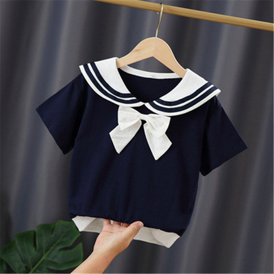 Ученическа бяла блуза за момичета, памук с къс ръкав, дантелени горнища, детска риза, детски дрехи, лятна бебешка тениска за малко дете 3-10 години