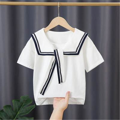 Ученическа бяла блуза за момичета, памук с къс ръкав, дантелени горнища, детска риза, детски дрехи, лятна бебешка тениска за малко дете 3-10 години