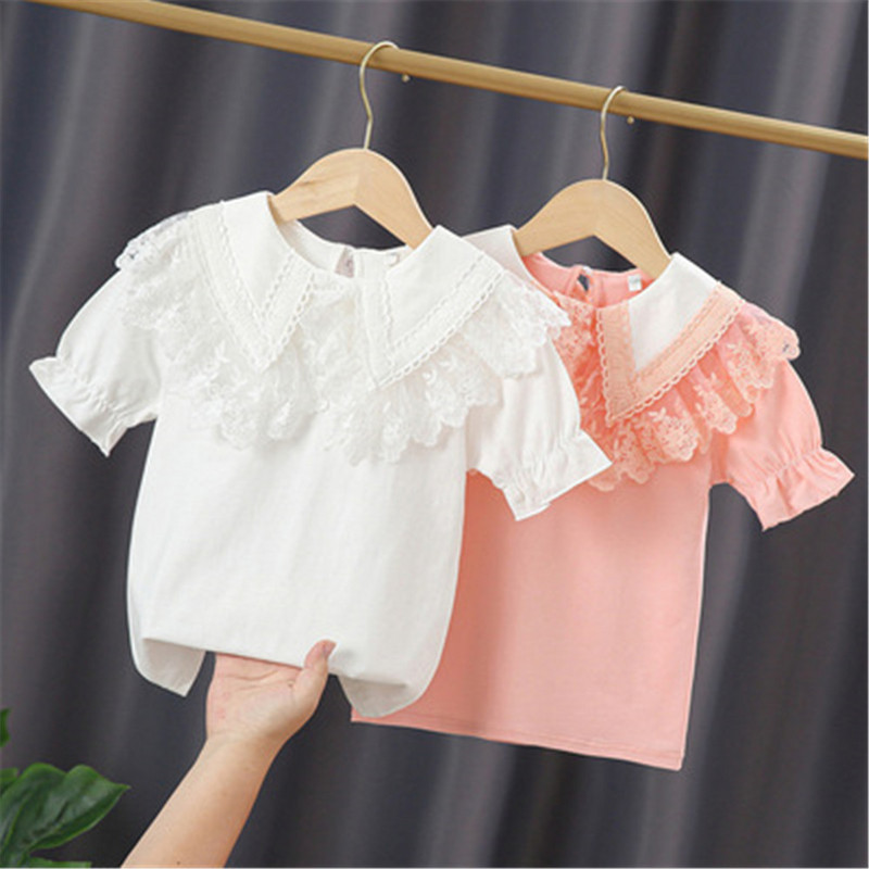 Ученическа бяла блуза за момичета, памук с къс ръкав, дантелени горнища, детска риза, детски дрехи, лятна бебешка тениска за малко дете 3-10 години
