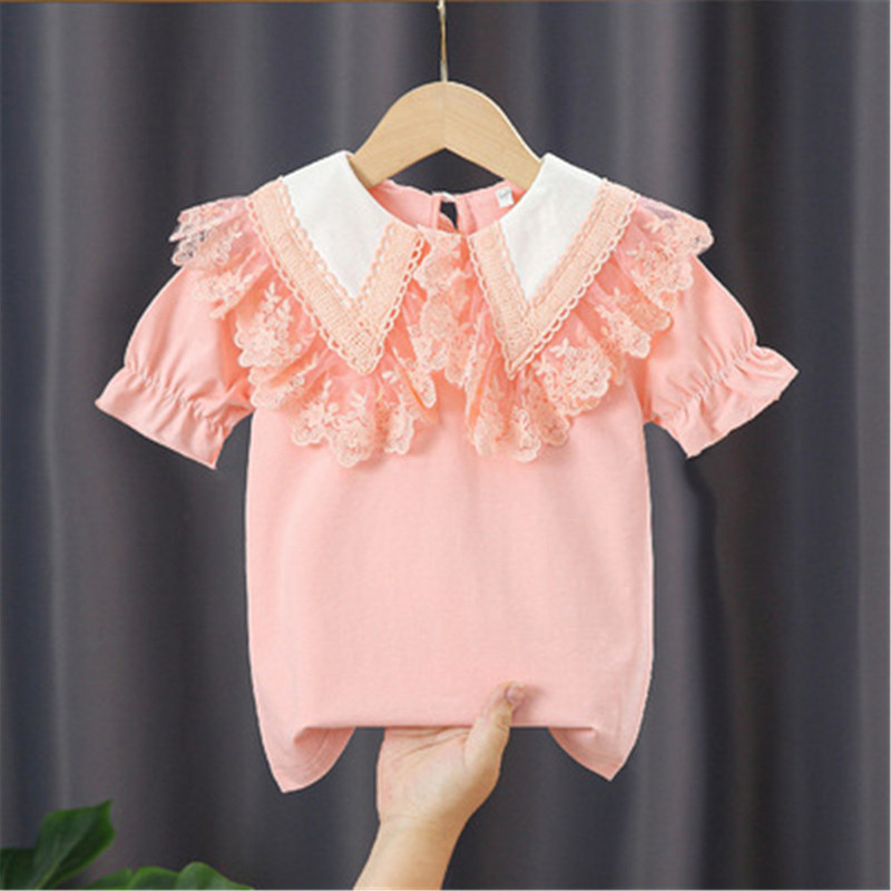 Ученическа бяла блуза за момичета, памук с къс ръкав, дантелени горнища, детска риза, детски дрехи, лятна бебешка тениска за малко дете 3-10 години