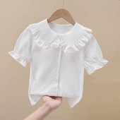 Лятна дантелена блуза с волани за момичета Бяла ученическа униформа с къс ръкав Риза с копчета за момичета Препъп стил Детски горнища Детски дрехи