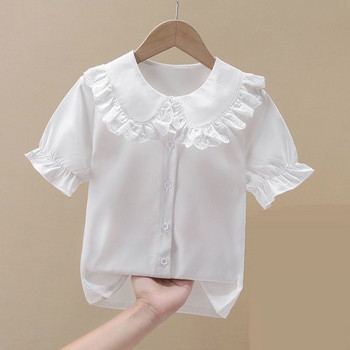 Καλοκαιρινό βολάν για κορίτσια Δαντελένια μπλούζα Λευκή κοντομάνικη σχολική στολή κοριτσιού με κουμπί επάνω πουκάμισο Preppy ύφος Παιδικό μπλουζάκι Παιδικά ρούχα