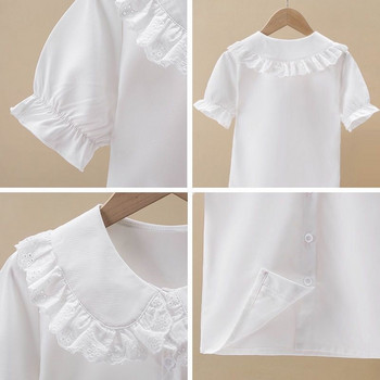 Καλοκαιρινό βολάν για κορίτσια Δαντελένια μπλούζα Λευκή κοντομάνικη σχολική στολή κοριτσιού με κουμπί επάνω πουκάμισο Preppy ύφος Παιδικό μπλουζάκι Παιδικά ρούχα