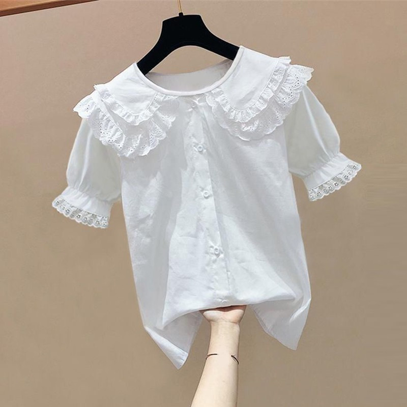 Лятна дантелена блуза с волани за момичета Бяла ученическа униформа с къс ръкав Риза с копчета за момичета Препъп стил Детски горнища Детски дрехи