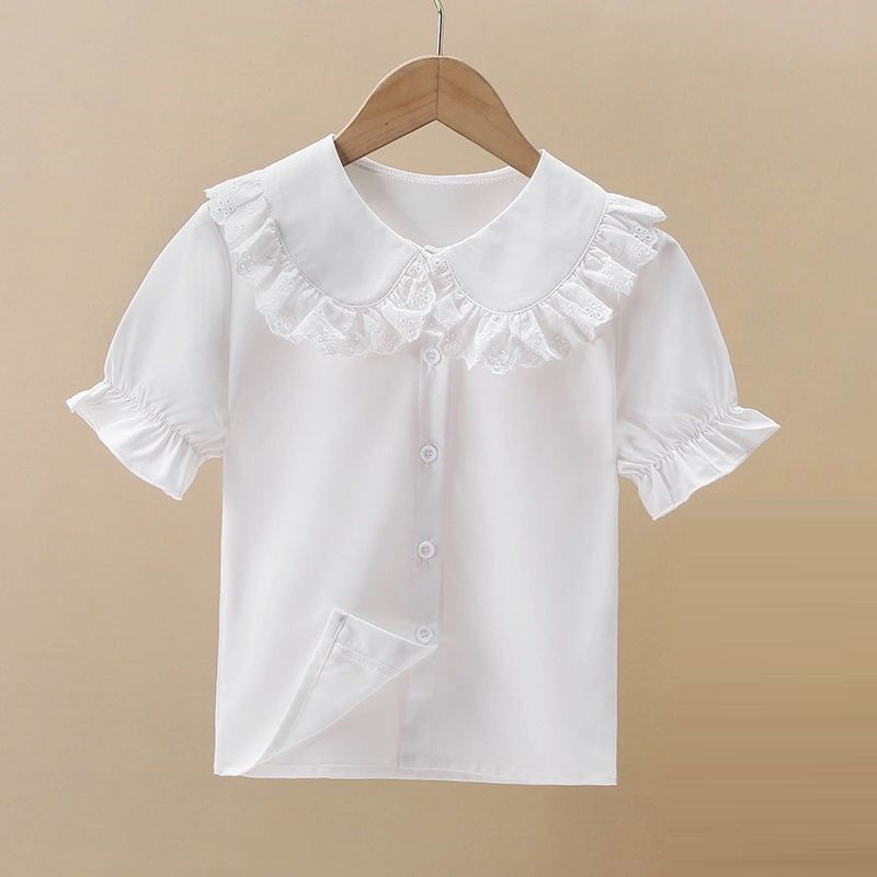 Лятна дантелена блуза с волани за момичета Бяла ученическа униформа с къс ръкав Риза с копчета за момичета Препъп стил Детски горнища Детски дрехи