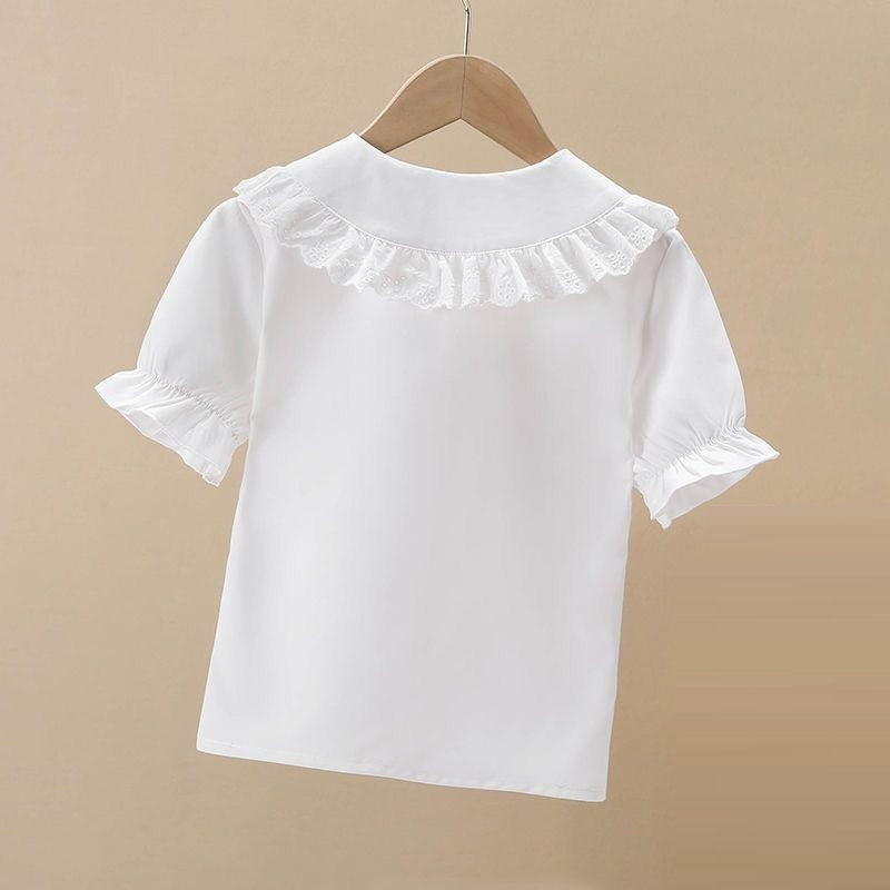 Лятна дантелена блуза с волани за момичета Бяла ученическа униформа с къс ръкав Риза с копчета за момичета Препъп стил Детски горнища Детски дрехи