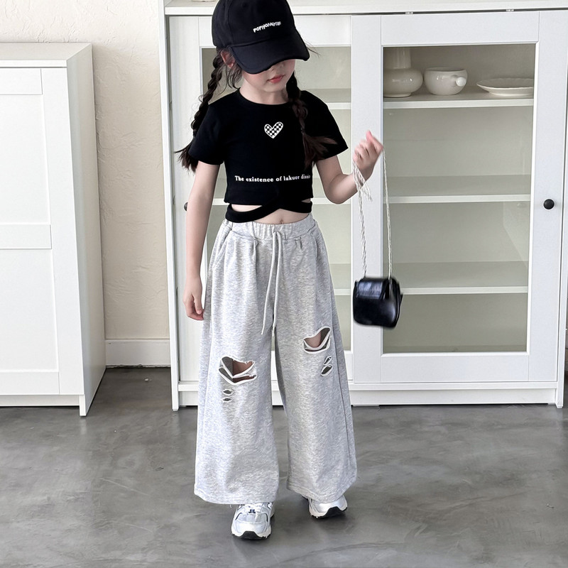 Детски дрехи Детски летни корейски стил Ретро скъсани ежедневни спортни панталони Момчета и момичета Тънки свободни ежедневни панталони с прави крачоли