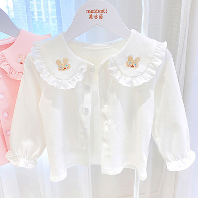 Основна риза за момичета Пролет и есен Детска памучна тениска с дълъг ръкав Ежедневна ежедневна 1-7 години Детска горна част с бродирани ревери