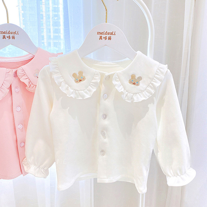 Основна риза за момичета Пролет и есен Детска памучна тениска с дълъг ръкав Ежедневна ежедневна 1-7 години Детска горна част с бродирани ревери