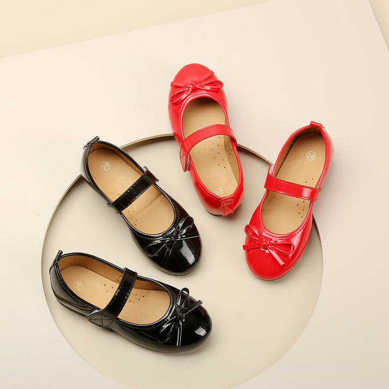 2023 Нови детски обувки Детски обувки на принцеса с панделка Плоски кожени обувки за момичета черни червени Пролет Есен За 3 4 5 6 7 8 9-15T