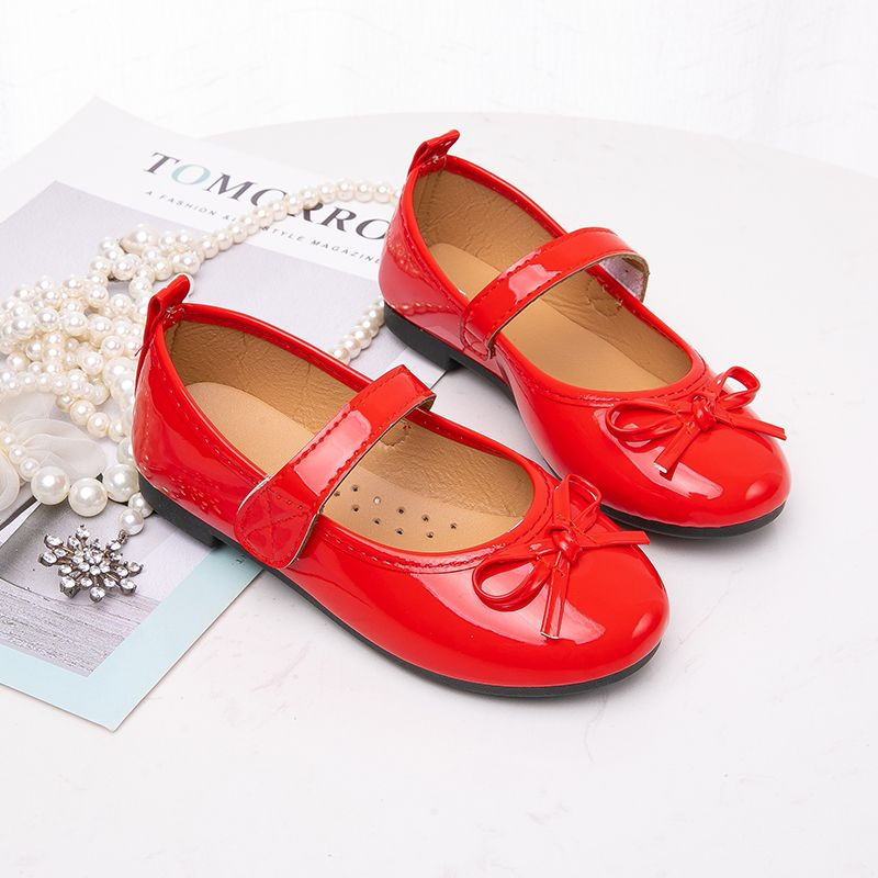 2023 Нови детски обувки Детски обувки на принцеса с панделка Плоски кожени обувки за момичета черни червени Пролет Есен За 3 4 5 6 7 8 9-15T
