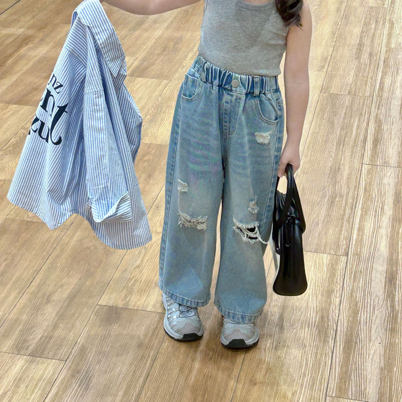 8636 Скъсани дънки за момичета 2024 Пролет Есен Нови детски ретро панталони за почистване Модни детски прави панталони 2-9 години