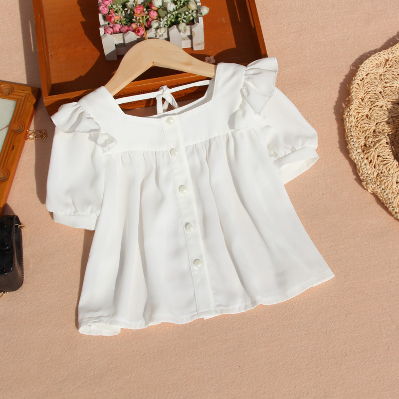 Нова лятна блуза с буф ръкав за малки момичета Горнища с къс ръкав от корейски шифон Детска риза за кукли в чист цвят Дрехи 10 12 години