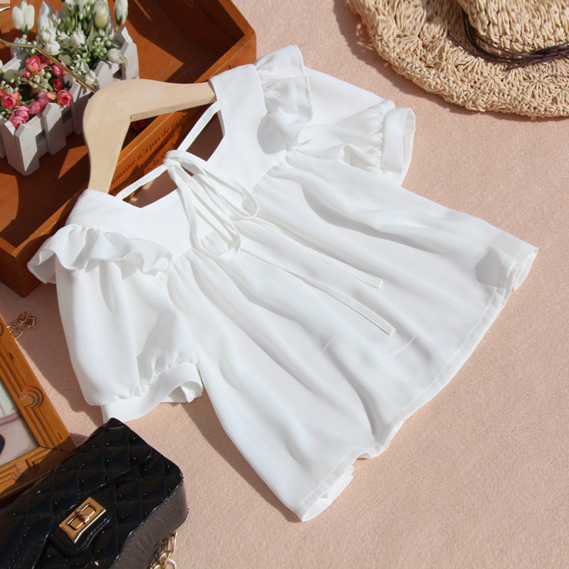 Нова лятна блуза с буф ръкав за малки момичета Горнища с къс ръкав от корейски шифон Детска риза за кукли в чист цвят Дрехи 10 12 години