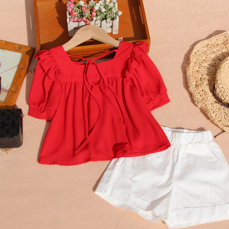 Нова лятна блуза с буф ръкав за малки момичета Горнища с къс ръкав от корейски шифон Детска риза за кукли в чист цвят Дрехи 10 12 години