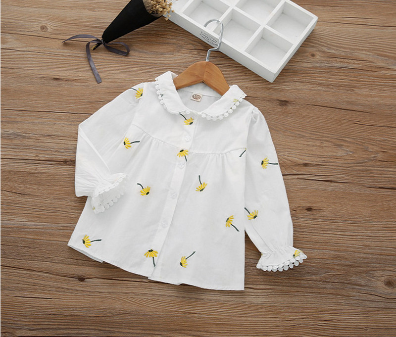 Пролет Лято Детски дрехи Ризи за момичета с бродерия на цветя Памучни модни ежедневни блузи за деца Горнища с дълъг ръкав Camisa