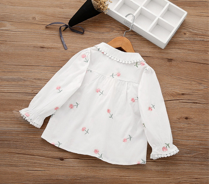 Пролет Лято Детски дрехи Ризи за момичета с бродерия на цветя Памучни модни ежедневни блузи за деца Горнища с дълъг ръкав Camisa