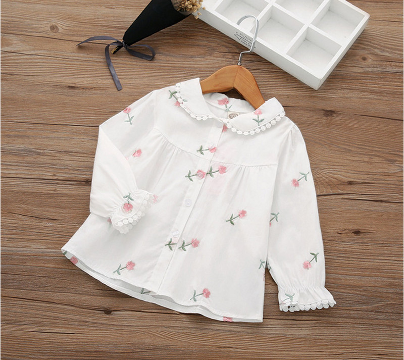 Пролет Лято Детски дрехи Ризи за момичета с бродерия на цветя Памучни модни ежедневни блузи за деца Горнища с дълъг ръкав Camisa