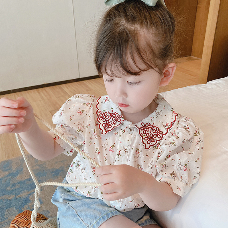 Летни момичета, модна бродерия, цветя, блуза с къс ръкав, бебешка детска детска риза