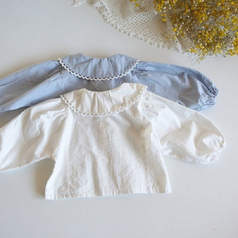 0-3 години Риза за момичета с дълги ръкави Питър Пан Яка Ягодови бродерии Памучна блуза Топове Облекло Пролет Есен Дрехи