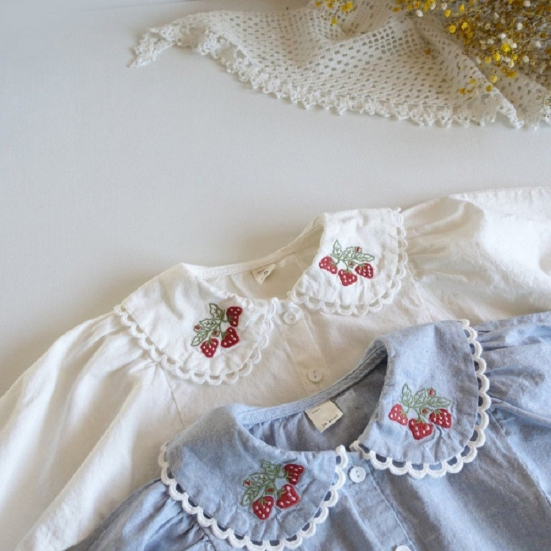 0-3 години Риза за момичета с дълги ръкави Питър Пан Яка Ягодови бродерии Памучна блуза Топове Облекло Пролет Есен Дрехи